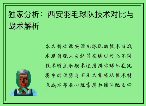 独家分析：西安羽毛球队技术对比与战术解析